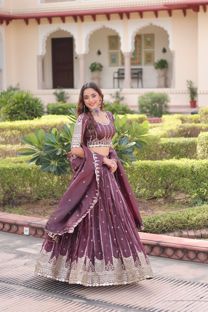 Wine Designer Gold Crush Sequins & Zari Embroidered Lehenga Choli Set with 3-Meter Flair & Lace Border Dupatta – Semi-Stitched Festive & Wedding Wear ClothsVilla