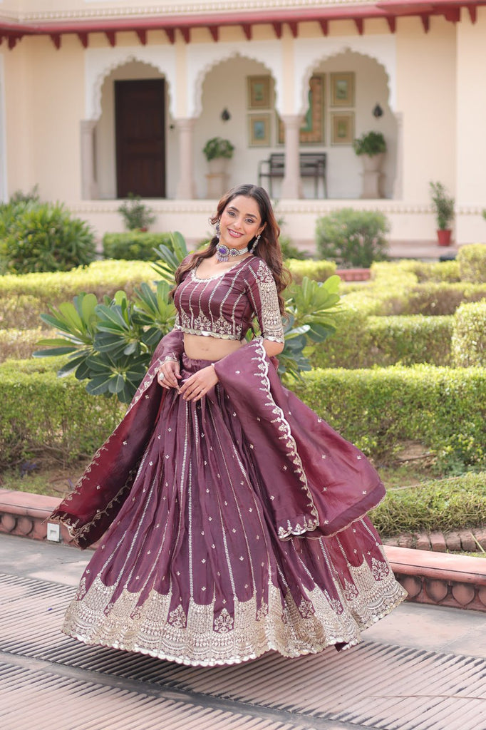 Wine Designer Gold Crush Sequins & Zari Embroidered Lehenga Choli Set with 3-Meter Flair & Lace Border Dupatta – Semi-Stitched Festive & Wedding Wear ClothsVilla
