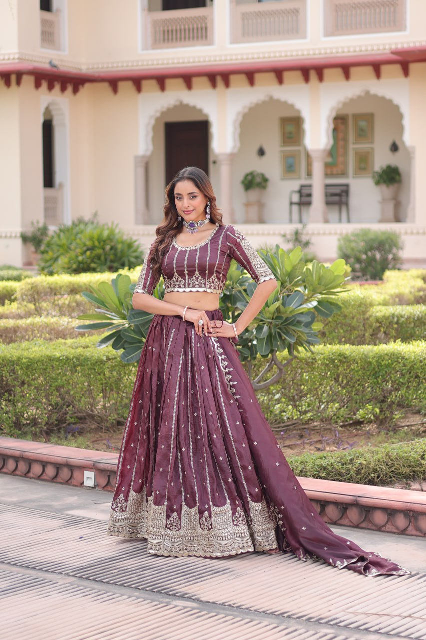 Wine Designer Gold Crush Sequins & Zari Embroidered Lehenga Choli Set with 3-Meter Flair & Lace Border Dupatta – Semi-Stitched Festive & Wedding Wear ClothsVilla