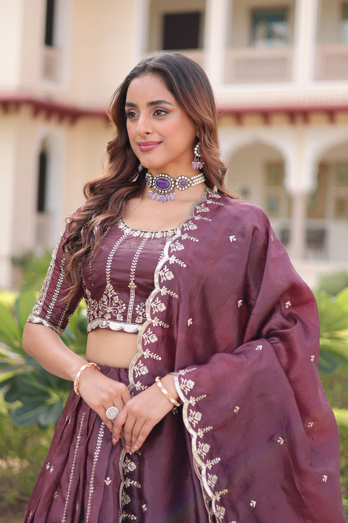 Wine Designer Gold Crush Sequins & Zari Embroidered Lehenga Choli Set with 3-Meter Flair & Lace Border Dupatta – Semi-Stitched Festive & Wedding Wear ClothsVilla
