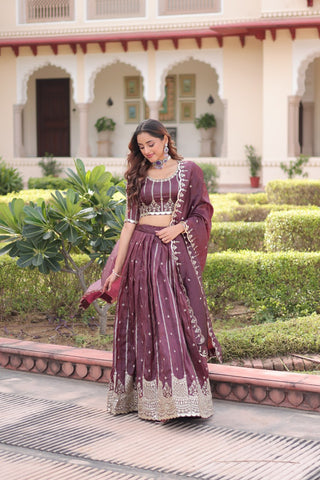 Wine Designer Gold Crush Sequins & Zari Embroidered Lehenga Choli Set with 3-Meter Flair & Lace Border Dupatta – Semi-Stitched Festive & Wedding Wear ClothsVilla
