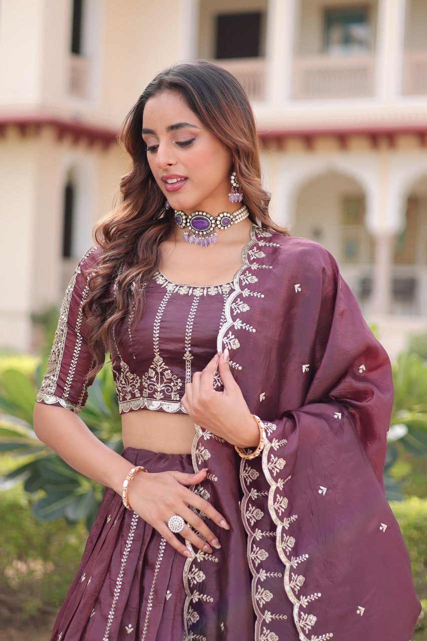 Wine Designer Gold Crush Sequins & Zari Embroidered Lehenga Choli Set with 3-Meter Flair & Lace Border Dupatta – Semi-Stitched Festive & Wedding Wear ClothsVilla