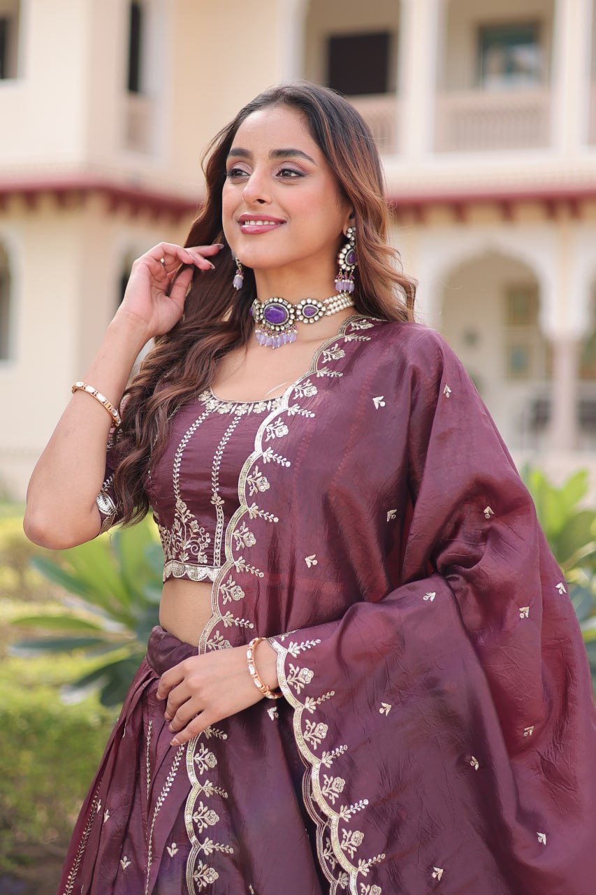 Wine Designer Gold Crush Sequins & Zari Embroidered Lehenga Choli Set with 3-Meter Flair & Lace Border Dupatta – Semi-Stitched Festive & Wedding Wear ClothsVilla