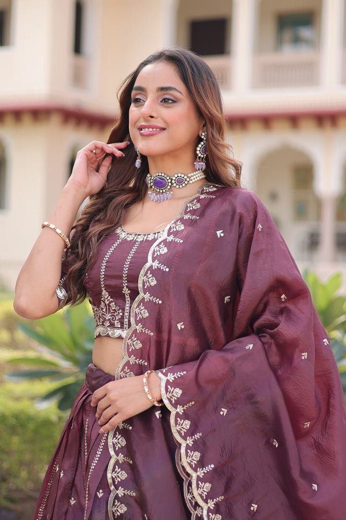 Wine Designer Gold Crush Sequins & Zari Embroidered Lehenga Choli Set with 3-Meter Flair & Lace Border Dupatta – Semi-Stitched Festive & Wedding Wear ClothsVilla