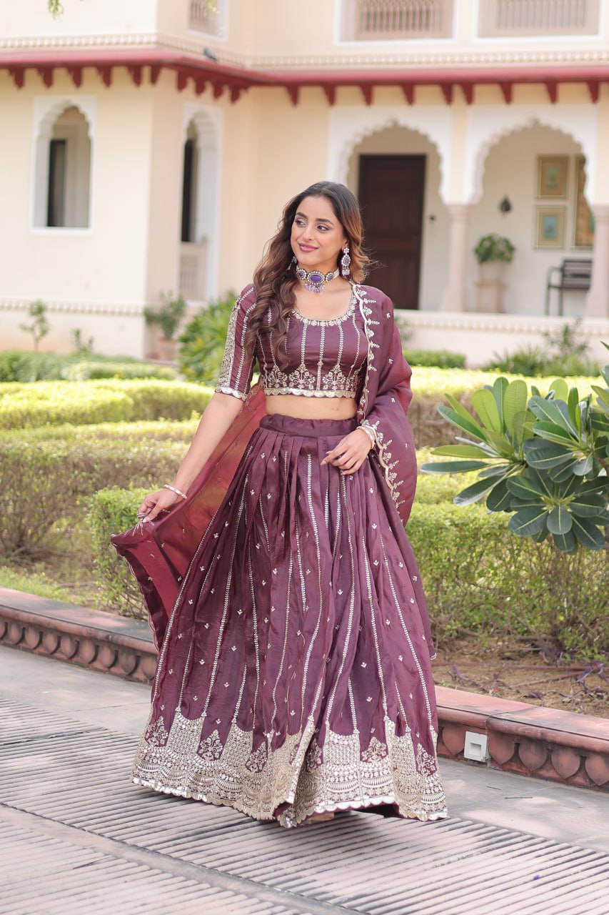 Wine Designer Gold Crush Sequins & Zari Embroidered Lehenga Choli Set with 3-Meter Flair & Lace Border Dupatta – Semi-Stitched Festive & Wedding Wear ClothsVilla