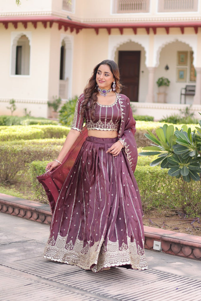 Wine Designer Gold Crush Sequins & Zari Embroidered Lehenga Choli Set with 3-Meter Flair & Lace Border Dupatta – Semi-Stitched Festive & Wedding Wear ClothsVilla