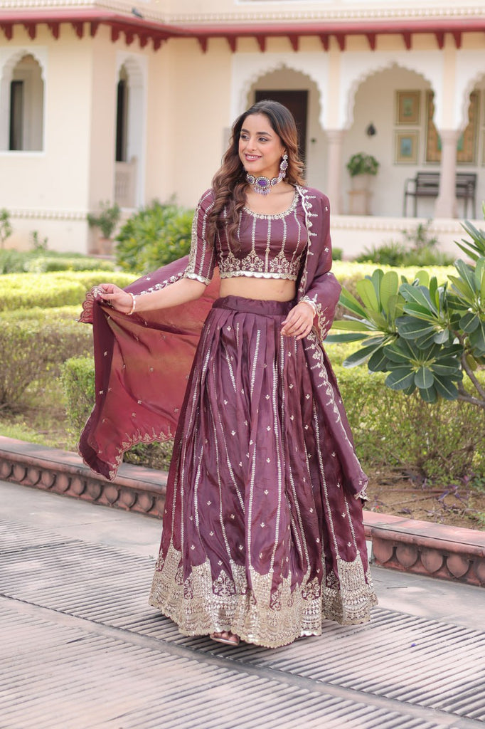 Wine Designer Gold Crush Sequins & Zari Embroidered Lehenga Choli Set with 3-Meter Flair & Lace Border Dupatta – Semi-Stitched Festive & Wedding Wear ClothsVilla