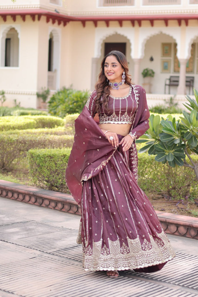Wine Designer Gold Crush Sequins & Zari Embroidered Lehenga Choli Set with 3-Meter Flair & Lace Border Dupatta – Semi-Stitched Festive & Wedding Wear ClothsVilla