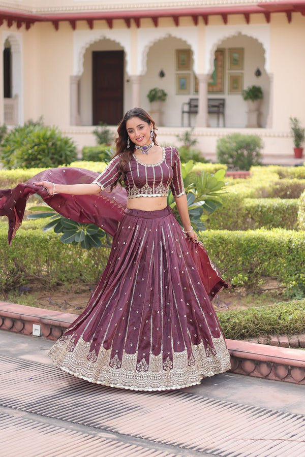 Wine Designer Gold Crush Sequins & Zari Embroidered Lehenga Choli Set with 3-Meter Flair & Lace Border Dupatta – Semi-Stitched Festive & Wedding Wear ClothsVilla