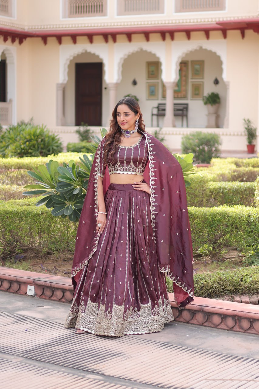 Wine Designer Gold Crush Sequins & Zari Embroidered Lehenga Choli Set with 3-Meter Flair & Lace Border Dupatta – Semi-Stitched Festive & Wedding Wear ClothsVilla