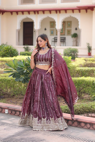 Wine Designer Gold Crush Sequins & Zari Embroidered Lehenga Choli Set with 3-Meter Flair & Lace Border Dupatta – Semi-Stitched Festive & Wedding Wear ClothsVilla