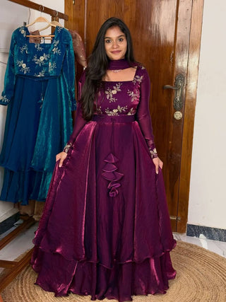 Wine Designer Heavy Fandy Satin Embroidered Peplum Lehenga Set with Sequins, Zari Work, Belt & Matching Dupatta – Fully Stitched Festive & Party Wear Clothsvilla