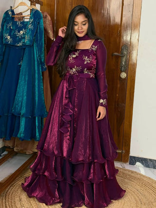 Wine Designer Heavy Fandy Satin Embroidered Peplum Lehenga Set with Sequins, Zari Work, Belt & Matching Dupatta – Fully Stitched Festive & Party Wear Clothsvilla