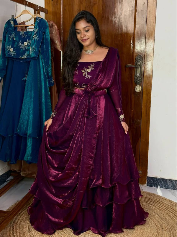 Wine Designer Heavy Fandy Satin Embroidered Peplum Lehenga Set with Sequins, Zari Work, Belt & Matching Dupatta – Fully Stitched Festive & Party Wear Clothsvilla