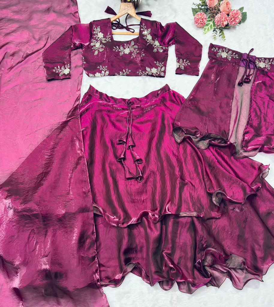 Wine Designer Heavy Fandy Satin Embroidered Peplum Lehenga Set with Sequins, Zari Work, Belt & Matching Dupatta – Fully Stitched Festive & Party Wear Clothsvilla