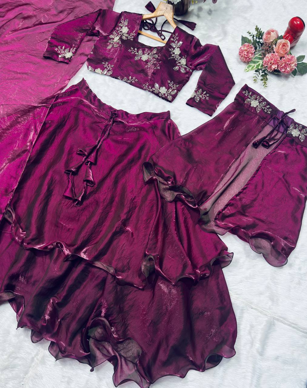 Wine Designer Heavy Fandy Satin Embroidered Peplum Lehenga Set with Sequins, Zari Work, Belt & Matching Dupatta – Fully Stitched Festive & Party Wear Clothsvilla