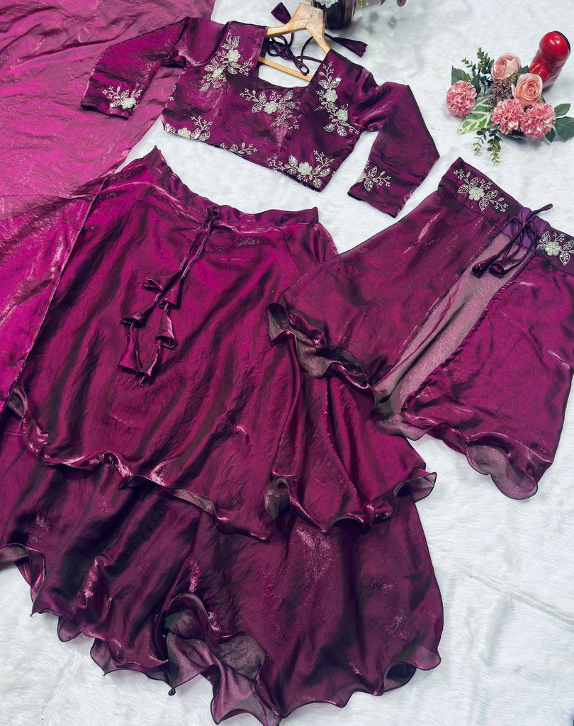 Wine Designer Heavy Fandy Satin Embroidered Peplum Lehenga Set with Sequins, Zari Work, Belt & Matching Dupatta – Fully Stitched Festive & Party Wear Clothsvilla