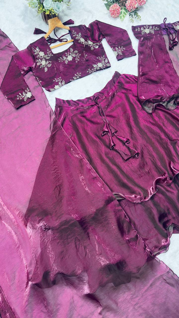 Wine Designer Heavy Fandy Satin Embroidered Peplum Lehenga Set with Sequins, Zari Work, Belt & Matching Dupatta – Fully Stitched Festive & Party Wear Clothsvilla