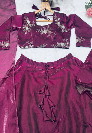 Wine Designer Heavy Fandy Satin Embroidered Peplum Lehenga Set with Sequins, Zari Work, Belt & Matching Dupatta – Fully Stitched Festive & Party Wear Clothsvilla