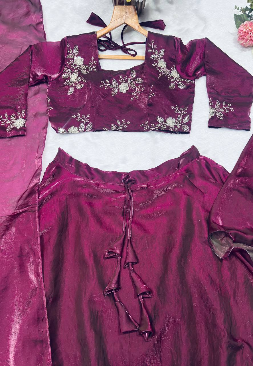 Wine Designer Heavy Fandy Satin Embroidered Peplum Lehenga Set with Sequins, Zari Work, Belt & Matching Dupatta – Fully Stitched Festive & Party Wear Clothsvilla