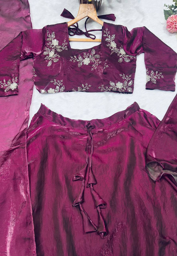 Wine Designer Heavy Fandy Satin Embroidered Peplum Lehenga Set with Sequins, Zari Work, Belt & Matching Dupatta – Fully Stitched Festive & Party Wear Clothsvilla