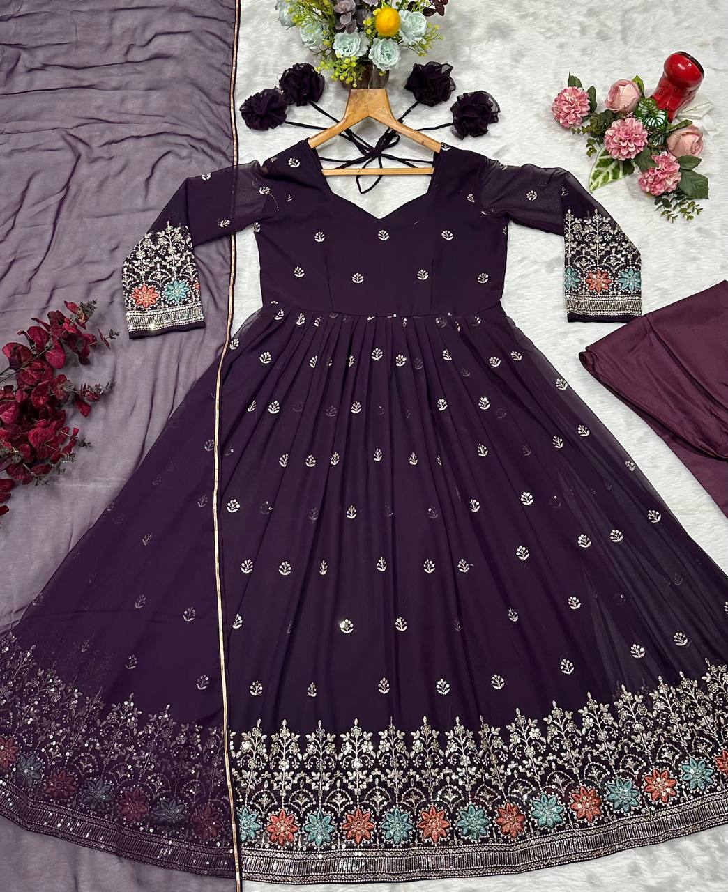 Wine Designer Luxury Anarkali Suit Set ClothsVilla.com