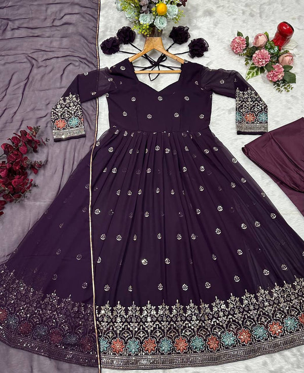 Wine Designer Luxury Anarkali Suit Set ClothsVilla.com