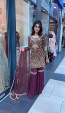 Load image into Gallery viewer, Wine Designer Party Wear Top, Palazzo &amp; Dupatta Set – Elegant Embroidered Look Clothsvilla