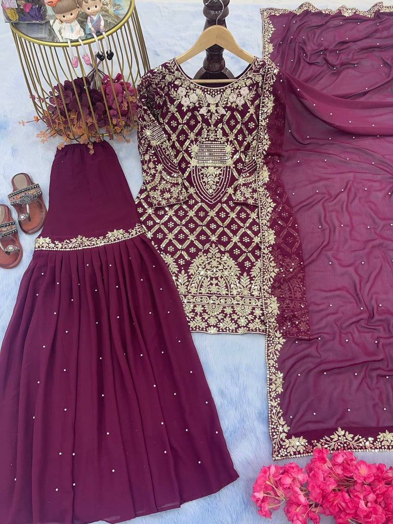 Wine Designer Party Wear Top, Palazzo & Dupatta Set – Elegant Embroidered Look Clothsvilla