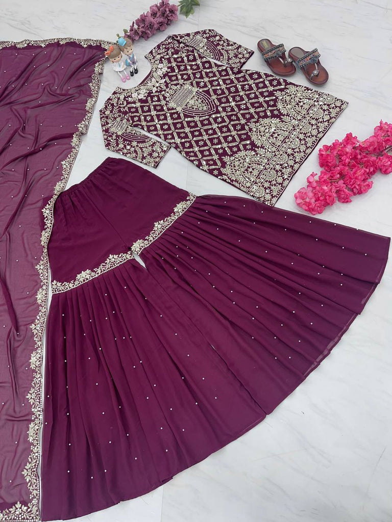 Wine Designer Party Wear Top, Palazzo & Dupatta Set – Elegant Embroidered Look Clothsvilla