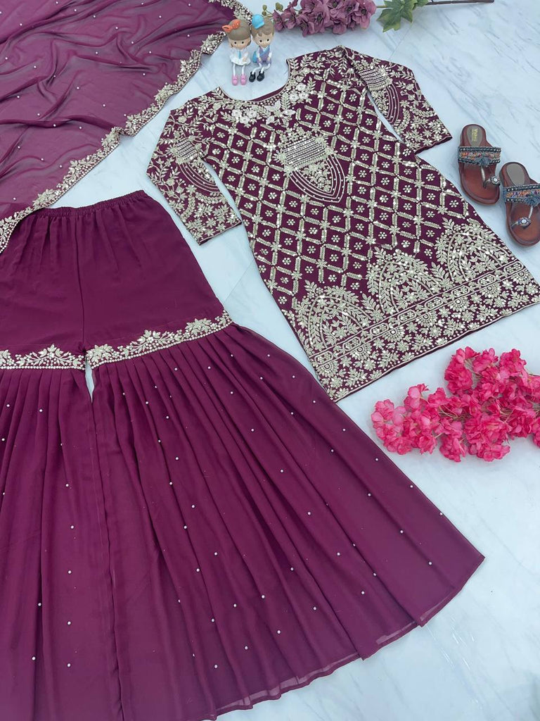 Wine Designer Party Wear Top, Palazzo & Dupatta Set – Elegant Embroidered Look Clothsvilla