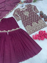 Load image into Gallery viewer, Wine Designer Party Wear Top, Palazzo &amp; Dupatta Set – Elegant Embroidered Look Clothsvilla