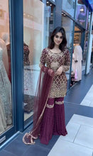 Load image into Gallery viewer, Wine Designer Party Wear Top, Palazzo &amp; Dupatta Set – Elegant Embroidered Look Clothsvilla