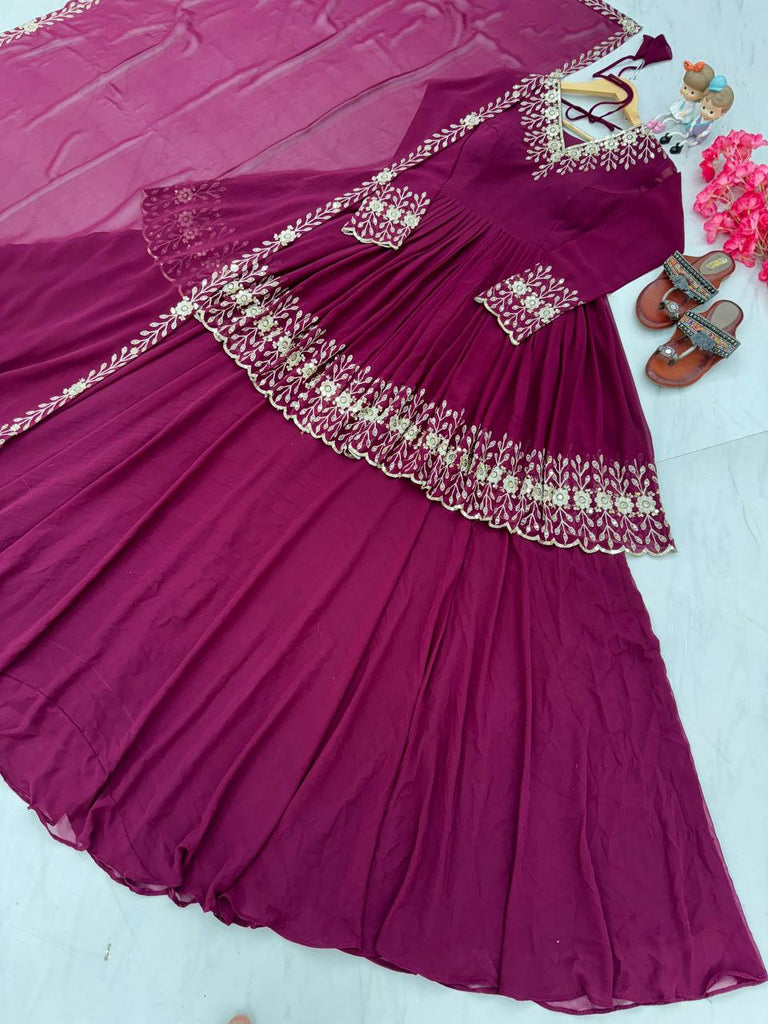 Wine Designer Party Wear Top with Lehenga & Dupatta Set - Sequin Embroidery and Tassel Accents ClothsVilla