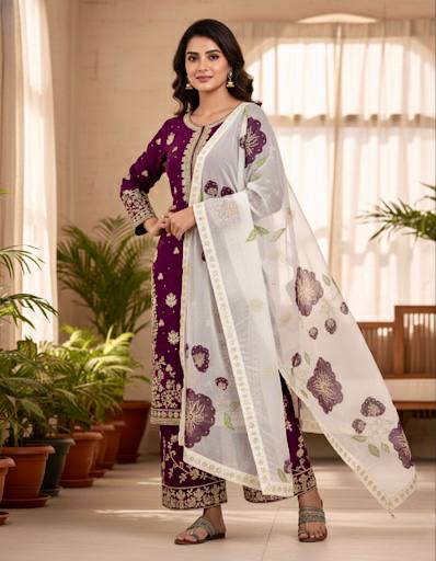 Wine Designer Pure Fendi Silk Heavy Embroidered Kurta Palazzo Set with 5 mm Sequins, Rivet Moti Work & Digital Printed Tabby Silk Dupatta ClothsVilla.com