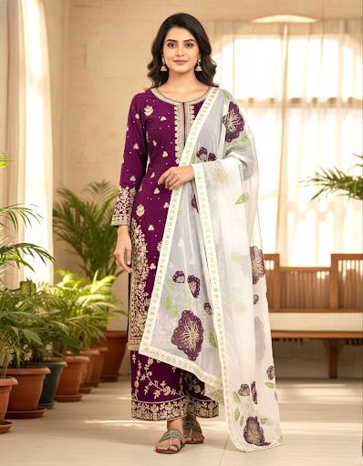 Wine Designer Pure Fendi Silk Heavy Embroidered Kurta Palazzo Set with 5 mm Sequins, Rivet Moti Work & Digital Printed Tabby Silk Dupatta ClothsVilla.com