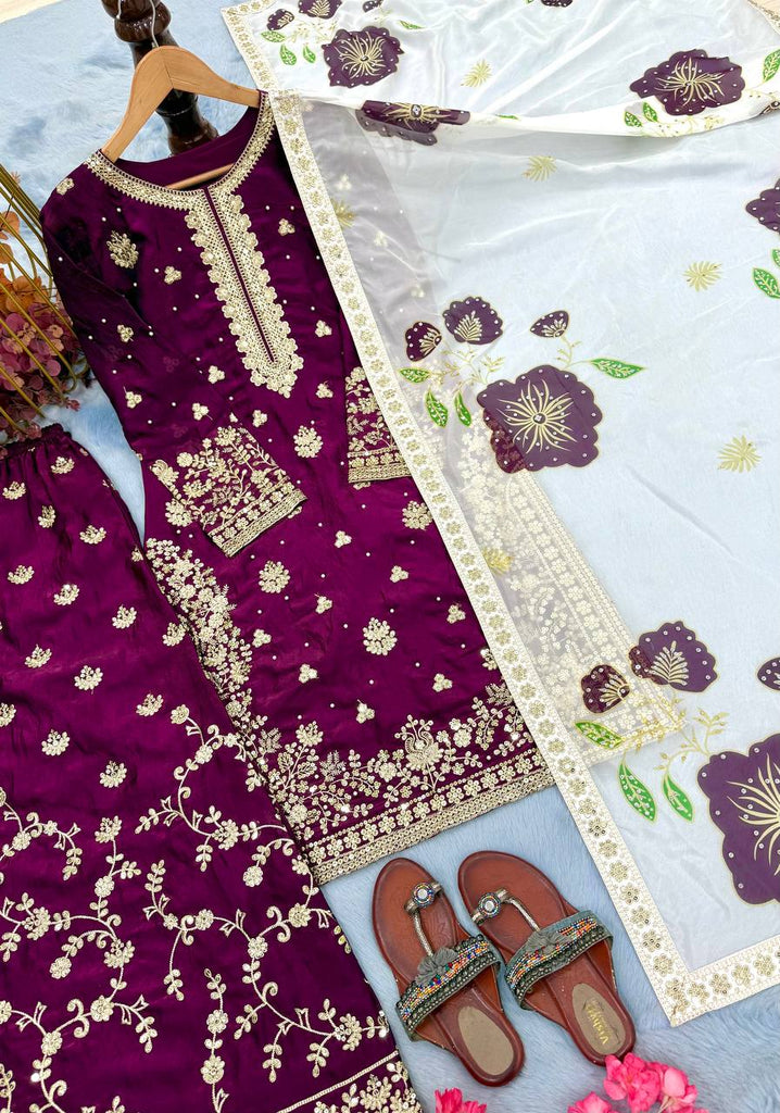 Wine Designer Pure Fendi Silk Heavy Embroidered Kurta Palazzo Set with 5 mm Sequins, Rivet Moti Work & Digital Printed Tabby Silk Dupatta ClothsVilla.com