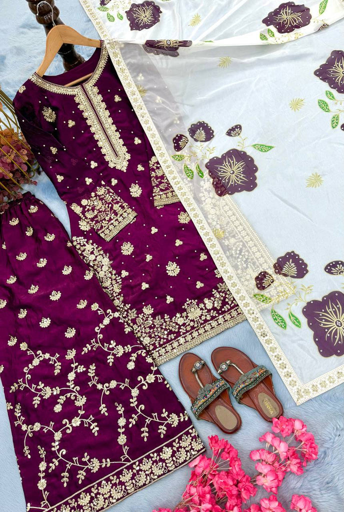 Wine Designer Pure Fendi Silk Heavy Embroidered Kurta Palazzo Set with 5 mm Sequins, Rivet Moti Work & Digital Printed Tabby Silk Dupatta ClothsVilla.com
