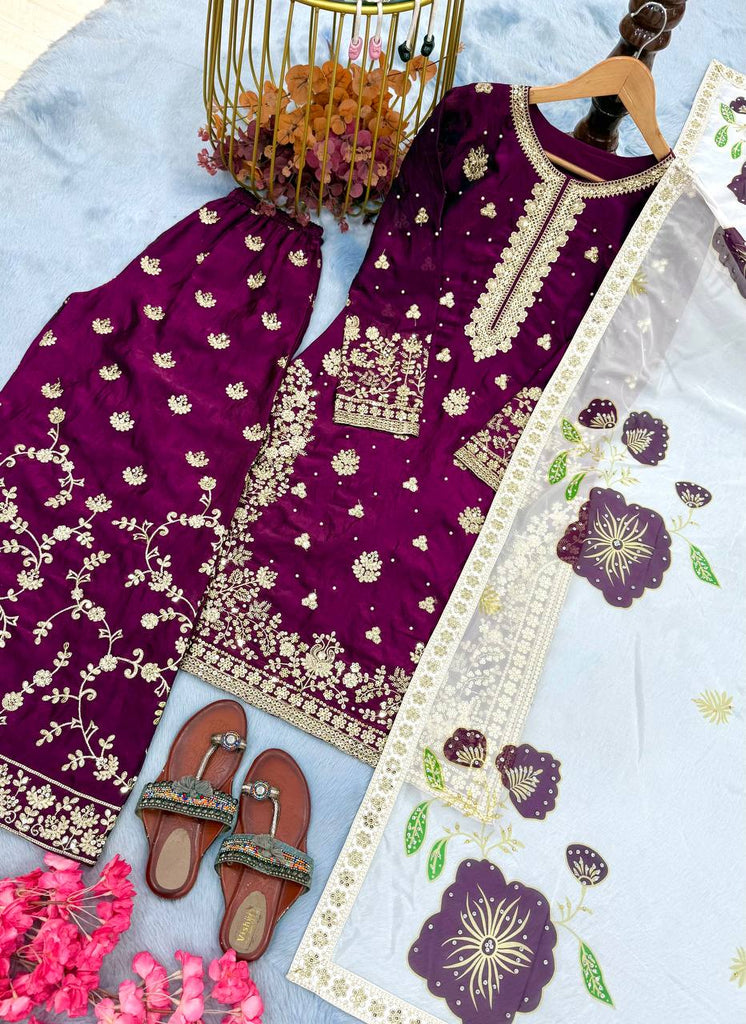 Wine Designer Pure Fendi Silk Heavy Embroidered Kurta Palazzo Set with 5 mm Sequins, Rivet Moti Work & Digital Printed Tabby Silk Dupatta ClothsVilla.com