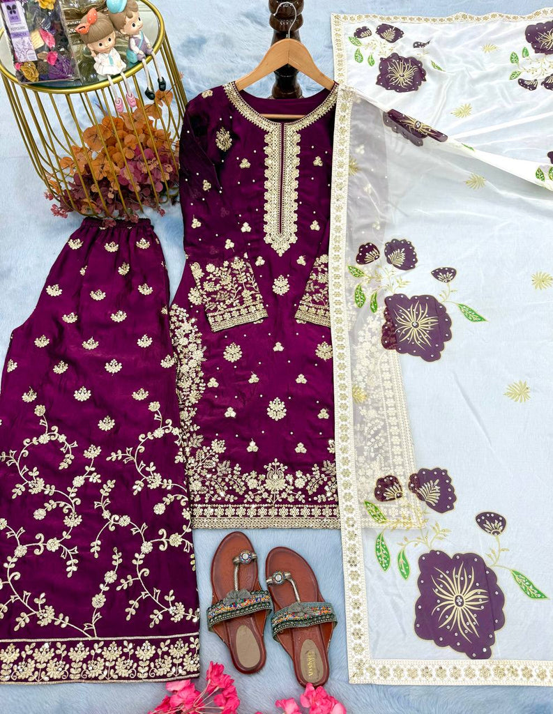 Wine Designer Pure Fendi Silk Heavy Embroidered Kurta Palazzo Set with 5 mm Sequins, Rivet Moti Work & Digital Printed Tabby Silk Dupatta ClothsVilla.com