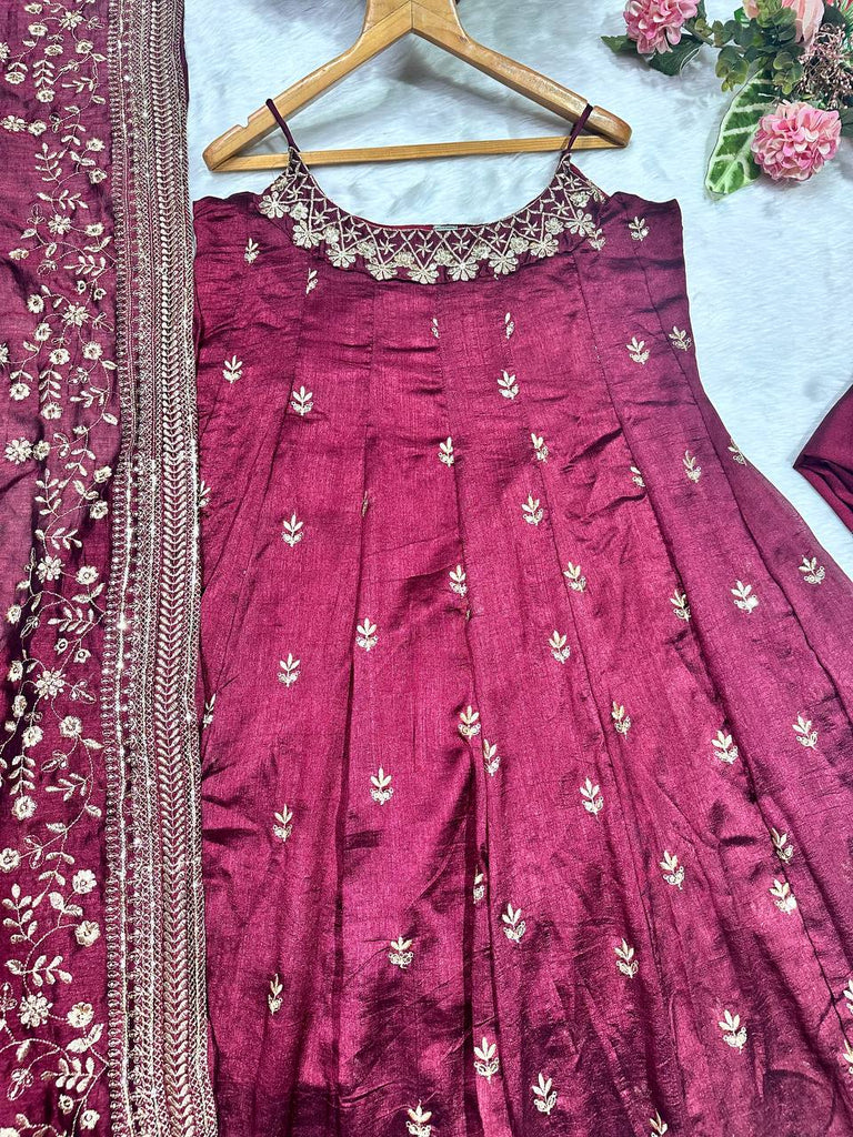 Deep Maroon Designer Vichitra Silk Gown Set with Zari-Coding & Sequin Embroidery ClothsVilla