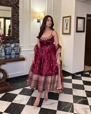 Deep Maroon Designer Vichitra Silk Gown Set with Zari-Coding & Sequin Embroidery ClothsVilla