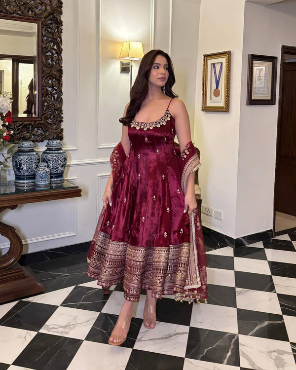 Deep Maroon Designer Vichitra Silk Gown Set with Zari-Coding & Sequin Embroidery ClothsVilla