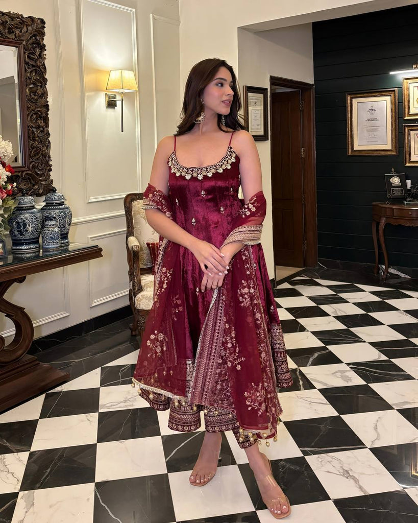 Deep Maroon Designer Vichitra Silk Gown Set with Zari-Coding & Sequin Embroidery ClothsVilla