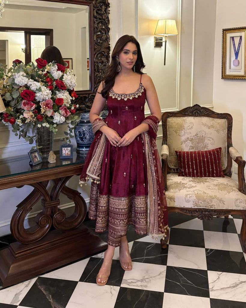 Deep Maroon Designer Vichitra Silk Gown Set with Zari-Coding & Sequin Embroidery ClothsVilla