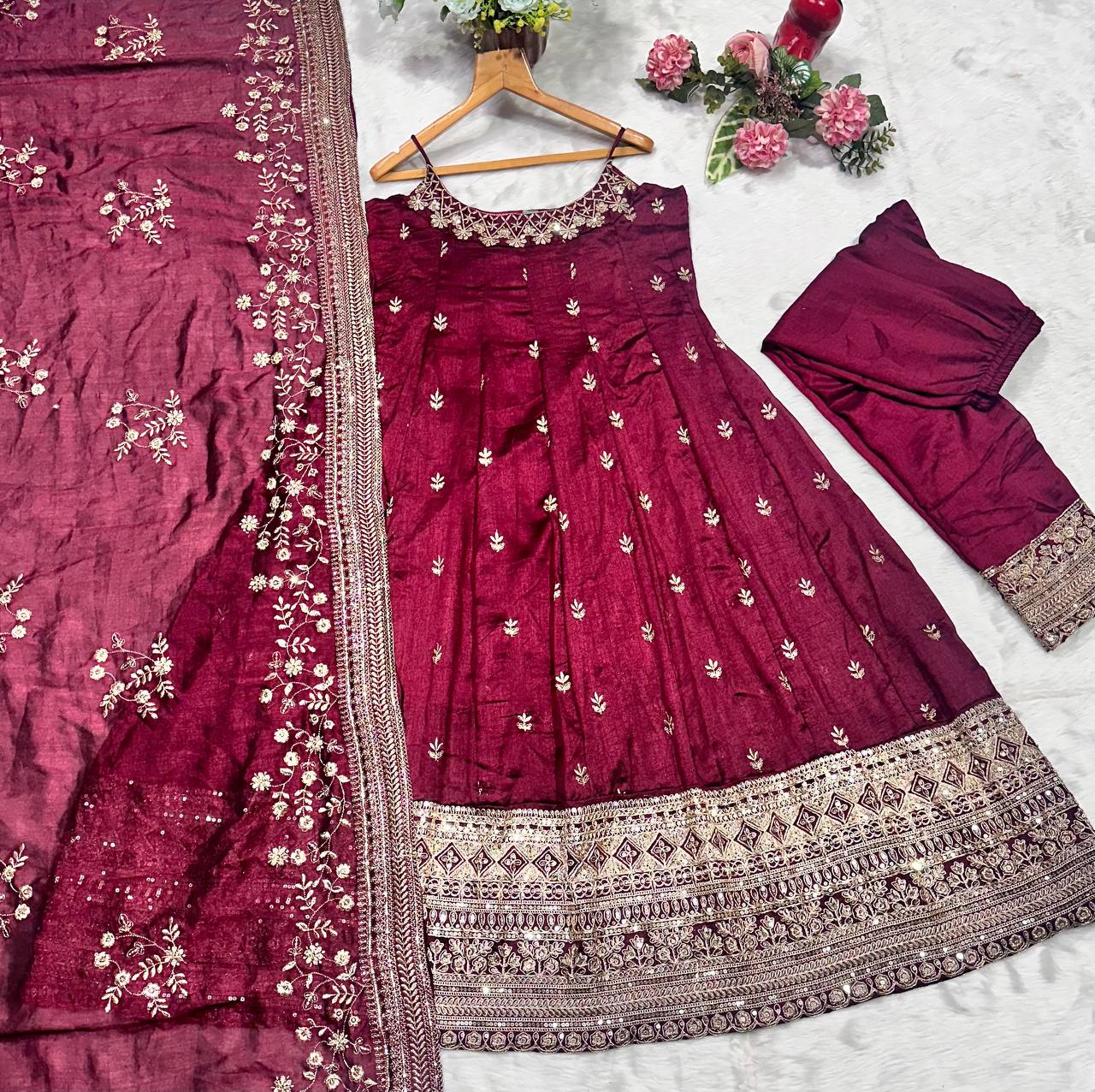 Deep Maroon Designer Vichitra Silk Gown Set with Zari-Coding & Sequin Embroidery ClothsVilla