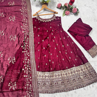 Deep Maroon Designer Vichitra Silk Gown Set with Zari-Coding & Sequin Embroidery ClothsVilla