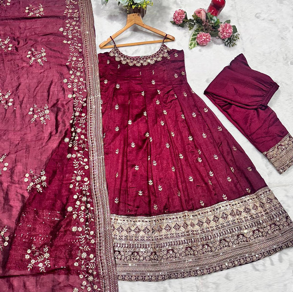 Deep Maroon Designer Vichitra Silk Gown Set with Zari-Coding & Sequin Embroidery ClothsVilla