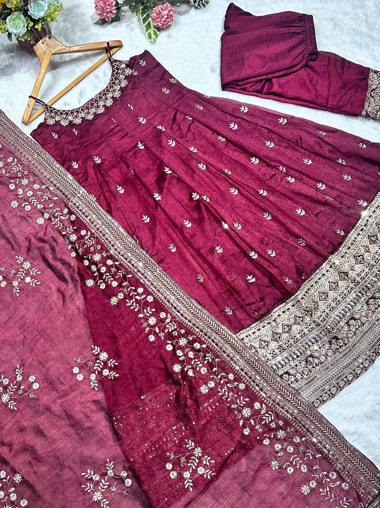 Deep Maroon Designer Vichitra Silk Gown Set with Zari-Coding & Sequin Embroidery ClothsVilla