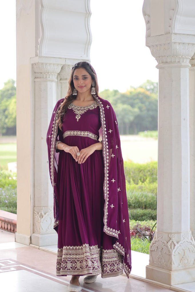 Wine Designer Vichitra Silk Sequins Embroidered Gown with 3-Meter Flair & Matching Dupatta – Fully Stitched Festive & Wedding Wear ClothsVilla